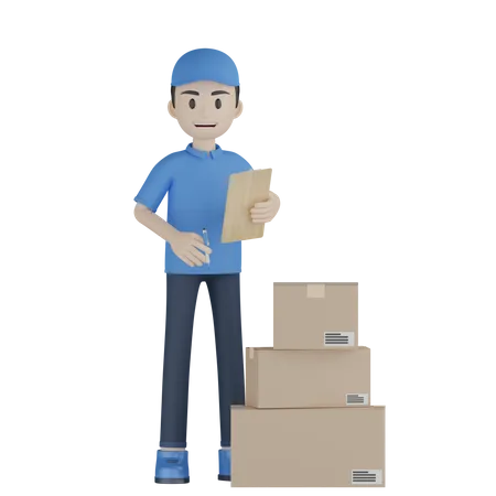 Courier Boy Making Inventory List 3D Illustration
