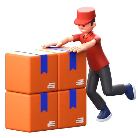 Courier boy pushing boxes  3D Illustration