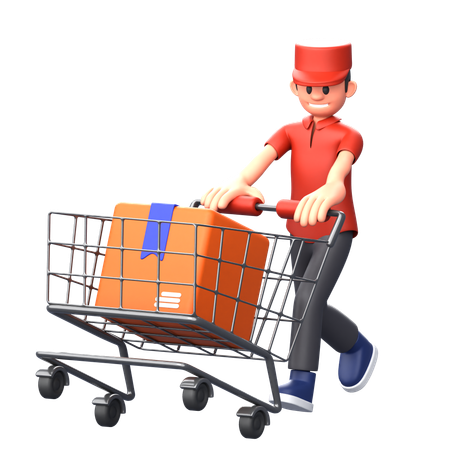 Courier boy pushing logistic cart  3D Illustration