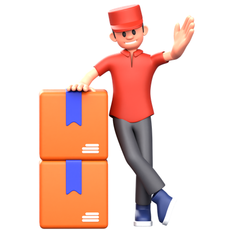 Courier boy standing with boxes while showing something  3D Icon