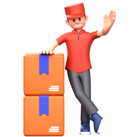 Courier boy standing with boxes while showing something  3D Illustration