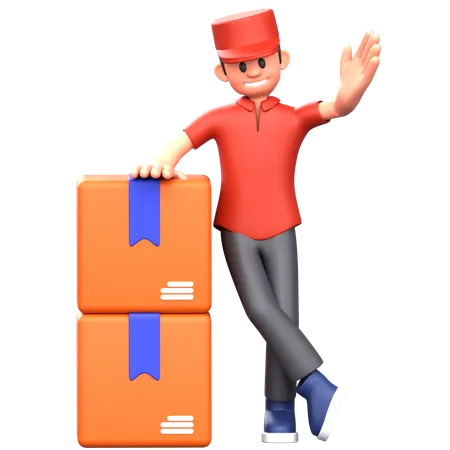 Courier boy standing with boxes while showing something  3D Illustration