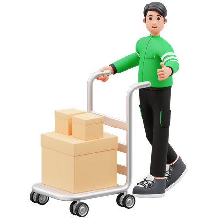 Courier Carrying Package Using Trolley and Giving Thumbs Up  3D Illustration