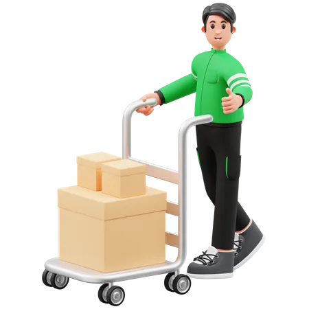 Courier Carrying Package Using Trolley and Giving Thumbs Up  3D Illustration