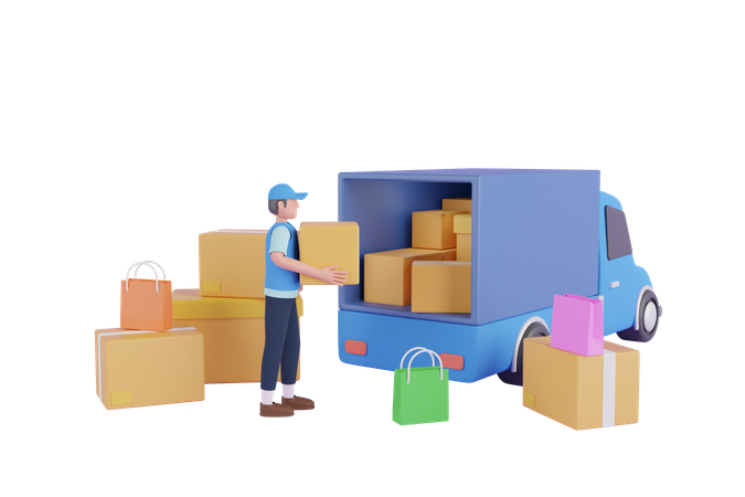 Courier delivery man loading parcel in delivery truck  3D Illustration