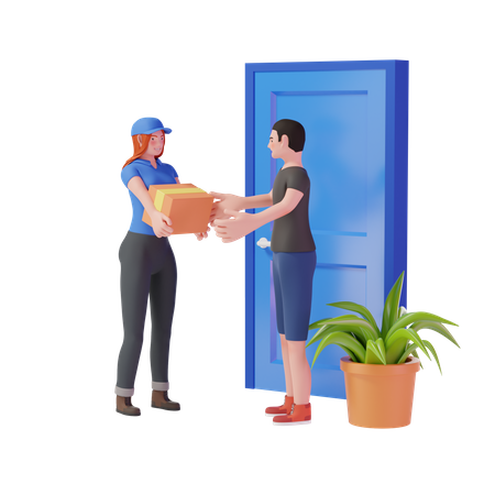 Courier girl delivering package to customer  3D Illustration