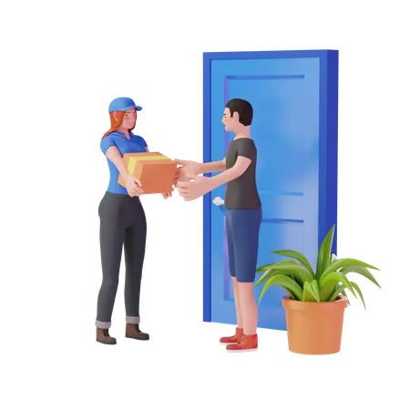 Courier girl delivering package to customer 3D Illustration