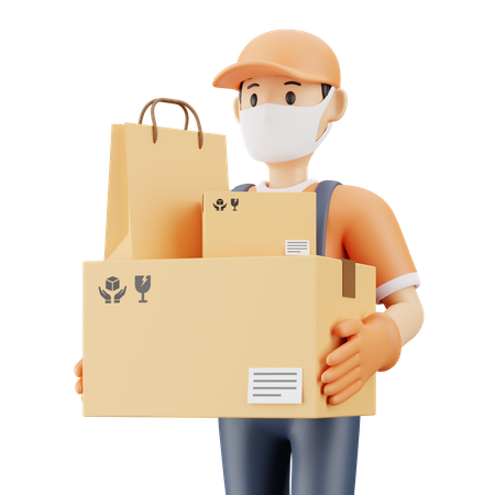 Courier guy wearing facemask and carrying packages  3D Illustration