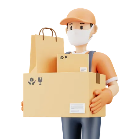 Courier guy wearing facemask and carrying packages  3D Illustration