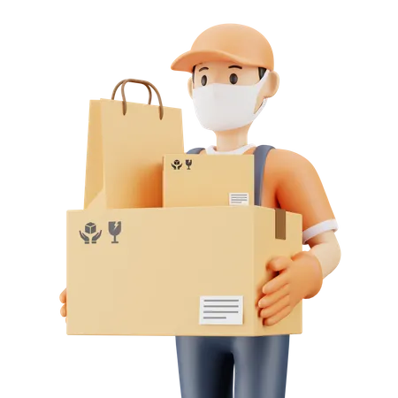 Courier guy wearing facemask and carrying packages 3D Illustration