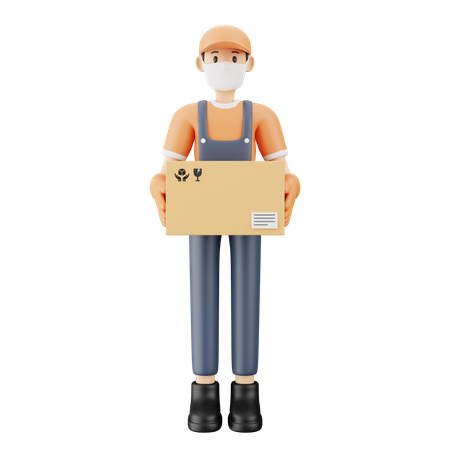 Courier guy wearing medical mask holding package  3D Icon