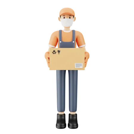 Courier guy wearing medical mask holding package  3D Illustration