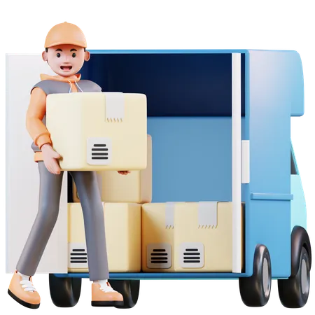 3 D Illustration Courier Loading Parcels In Truck 3D Illustration