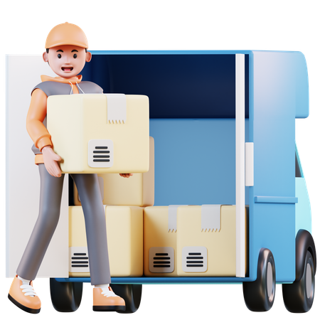 Courier Loading Parcels In Truck  3D Illustration