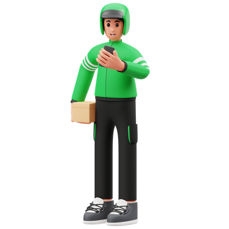 Courier man Checking delivery address in mobile  3D Illustration