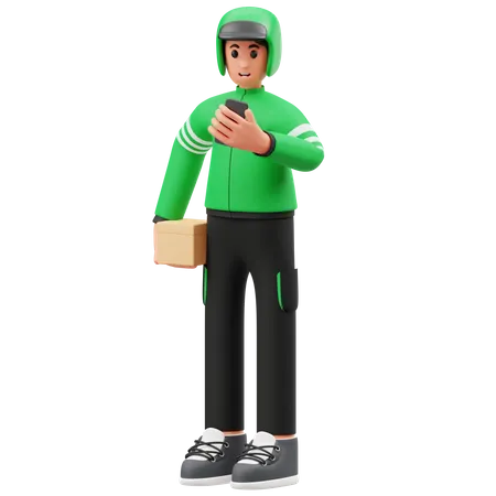 Courier man Checking delivery address in mobile  3D Illustration