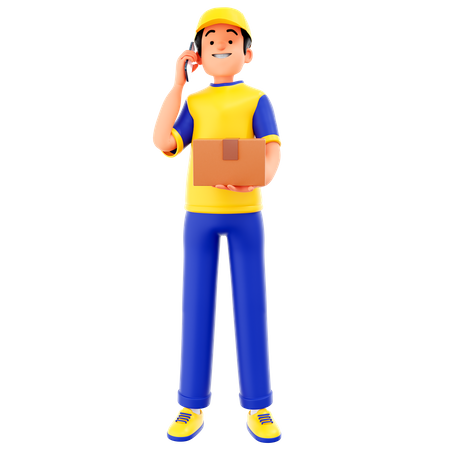 Courier Man Hold Cardboard Box And Calls Up  3D Illustration