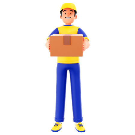 Courier Man Holding Cardboard Box  3D Illustration