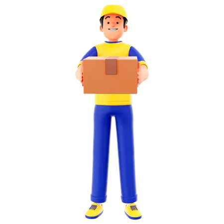 Courier Man Holding Cardboard Box  3D Illustration