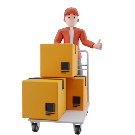 Courier ready to send parcel with trolley  3D Illustration