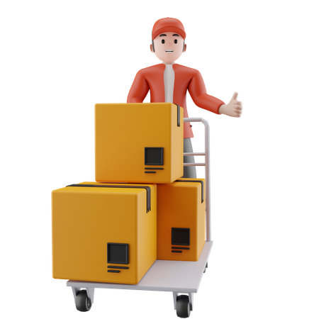 Courier ready to send parcel with trolley  3D Illustration