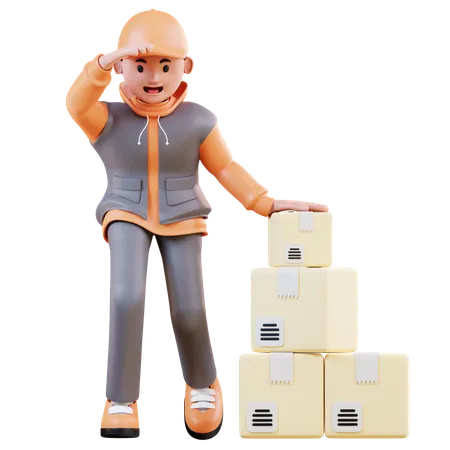 3 D Illustration Courier Standing Next To Package 3D Illustration
