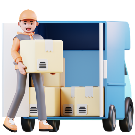 Courrier chargeant des colis dans un camion  3D Illustration