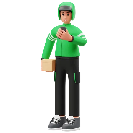 Homme de messagerie vérifiant l'adresse de livraison sur mobile  3D Illustration