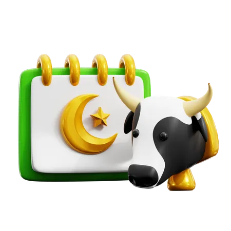 Cow Head With Islamic Calendar For Livestock Animal Sacrifice Eid Adha Mubarak Calendar Event Time 3 D Icon Illustration Render Design 3D Icon