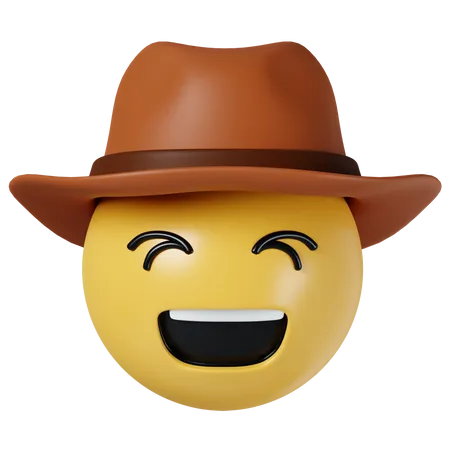 3 D Cowboy Hat Emoji Happy Smiled Emoticon With Brown Leather Brimmed Hat Icon Isolated On Gray Background 3 D Rendering Illustration Clipping Path 3D Icon