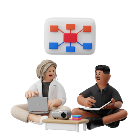 一緒にブレインストーミングをする同僚  3D Illustration