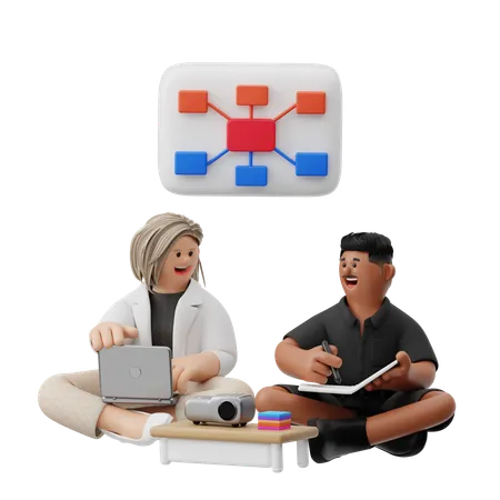 一緒にブレインストーミングをする同僚  3D Illustration