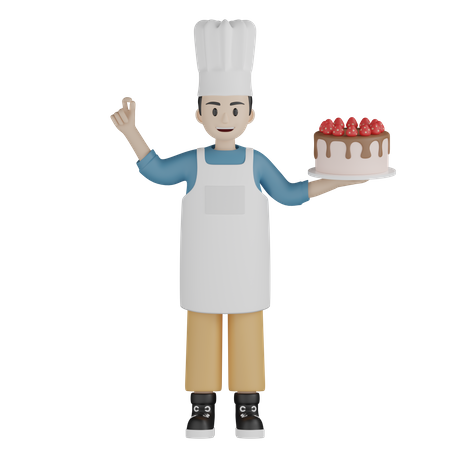 Cozinheiro masculino mostrando um gesto simpático enquanto segura o bolo  3D Illustration