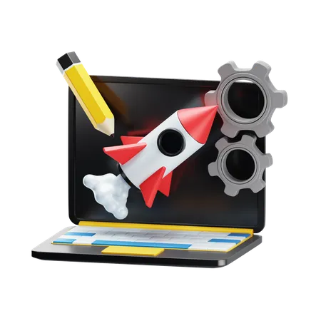 3 D Illustration Of Creative Business Startup Successful Launch Of Startup Rocket Coming Out Of Laptop Screen 3D Icon