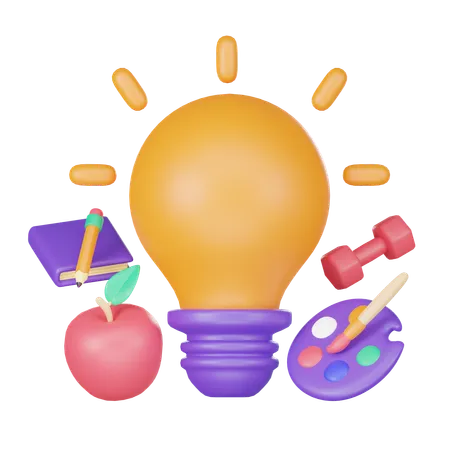 3 D Floating Book Light Bulb Apple And Book Dumbbell Paintbrush And Palette Education 3D Icon