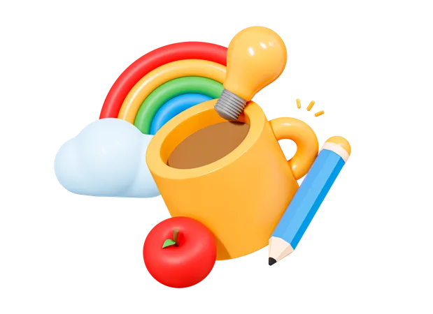 Creativity And Idea In Design And Education Yellow Cup With Pencil Lightbulb And Rainbow 3D Icon