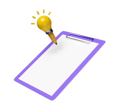 Check List Empty Mockup Purple Clipboard With Yellow Light Bulb Pencil Isolated 3D Icon