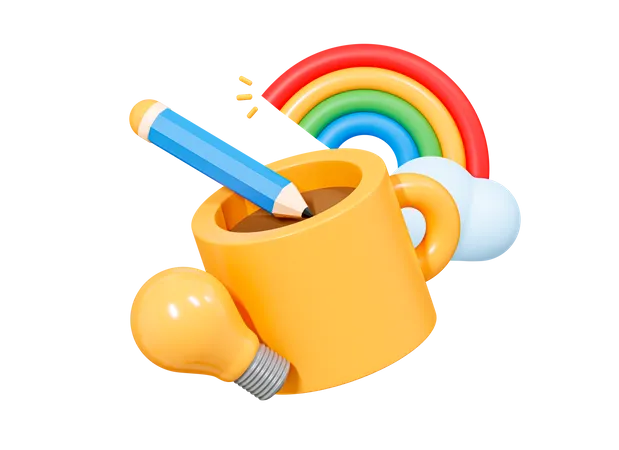 Creativity And Idea In Design And Education Yellow Cup With Pencil Lightbulb And Rainbow 3D Icon
