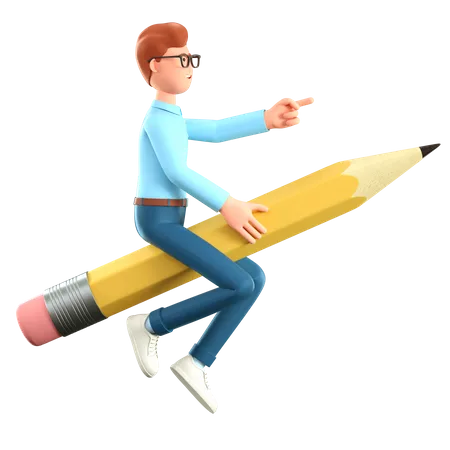 3 D Illustration Of Creative Man Flying In Air On A Big Pencil And Pointing At Direction Cartoon Businessman Generating Ideas 3D Illustration
