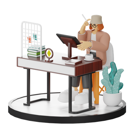 Creative Woman With Computer In Clean Workspace Seeking Inspiration  3D Illustration