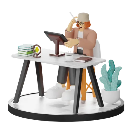 Creative Woman With Computer In Clean Workspace Seeking Inspiration  3D Illustration