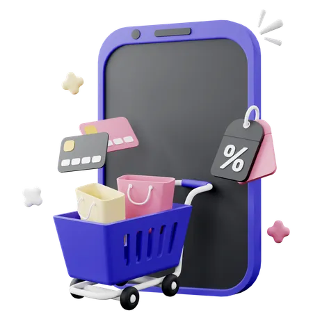3 D Illustration Of Smartphone With Shopping Cart Shopping Basket Credit Card And Discount Tags 3D Icon