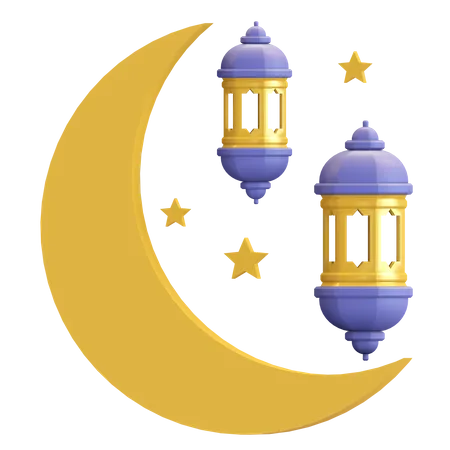 Moon And Lantern Ramadan Icon 3 D Render Illustration 3D Illustration