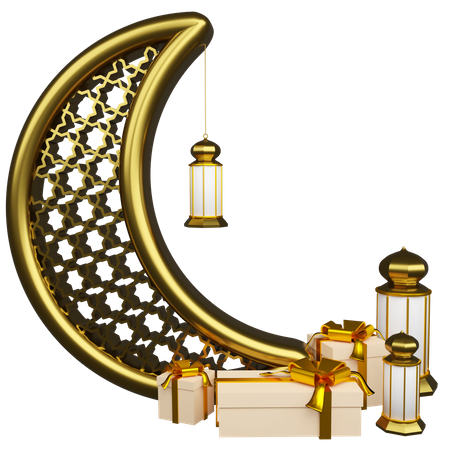 Crescent And Lantern With Gift  3D Illustration