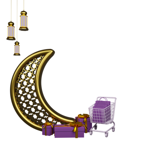 Crescent And Lantern With Shopping cart  3D Illustration