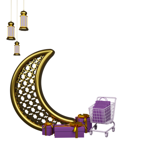 Crescent And Lantern With Shopping cart 3D Illustration