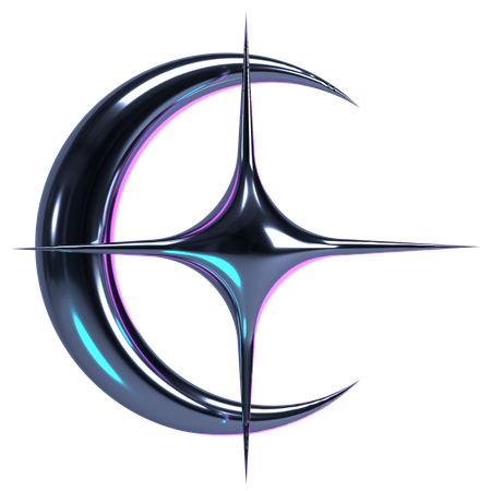 Crescent Chrome Moon With Star  3D Icon