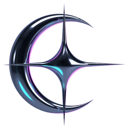 Crescent Chrome Moon With Star  3D Icon