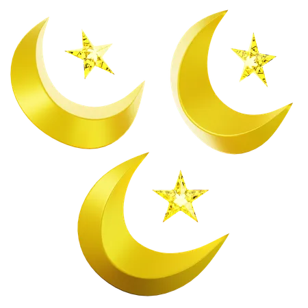 3 D Icon Ramadhan Crescent Moon And Stars On Three Points Of View On Transparent Background 3 D Illustration High Resolution 3D Icon