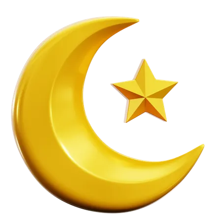 Happy Ramadan Symbol Gold Shiny Crescent Moon And Star Islamic Logo 3 D Icon Illustration Render Design 3D Icon